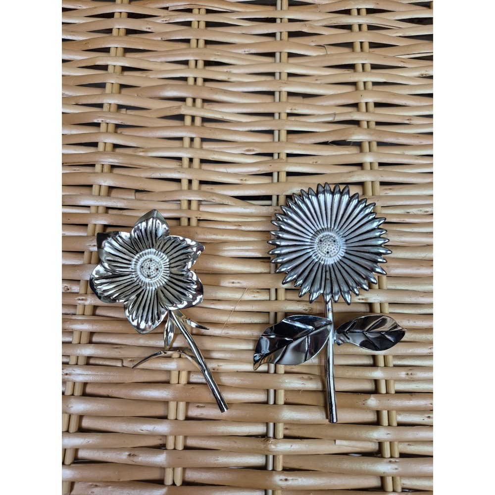 Vintage Silver Tone Flower Salt Pepper Shakers Set Sunflower Floral Stem Decor